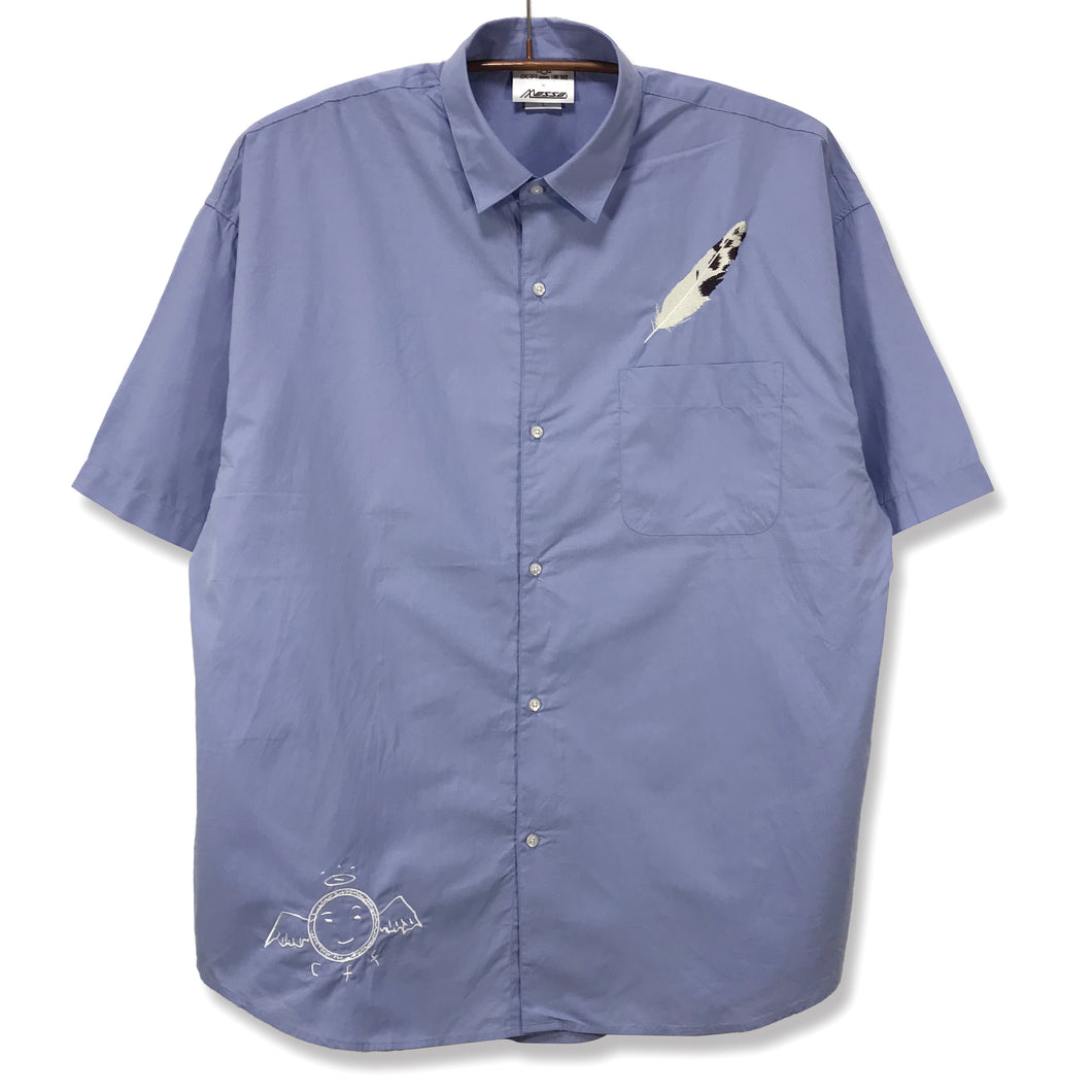 [Haibane Renmei + messa store] The Charcoal feather  embroidered loose fitting shirt -SAXE BLUE-